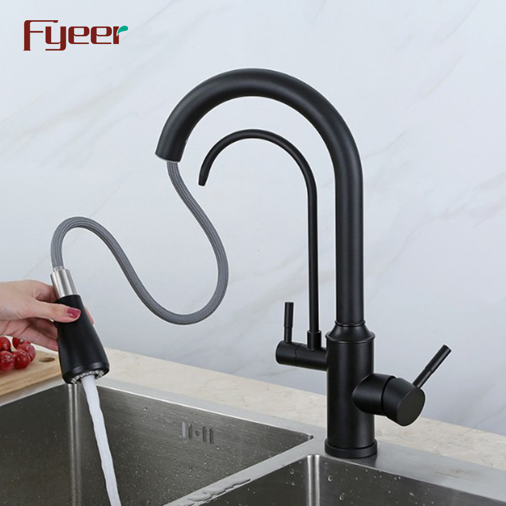 Fyeer Matte Black Pull Down Spray 3 Way Kitchen Sink Faucet with Filter Wate Tap