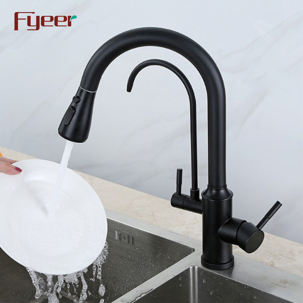 Fyeer Matte Black Pull Down Spray 3 Way Kitchen Sink Faucet with Filter Wate Tap