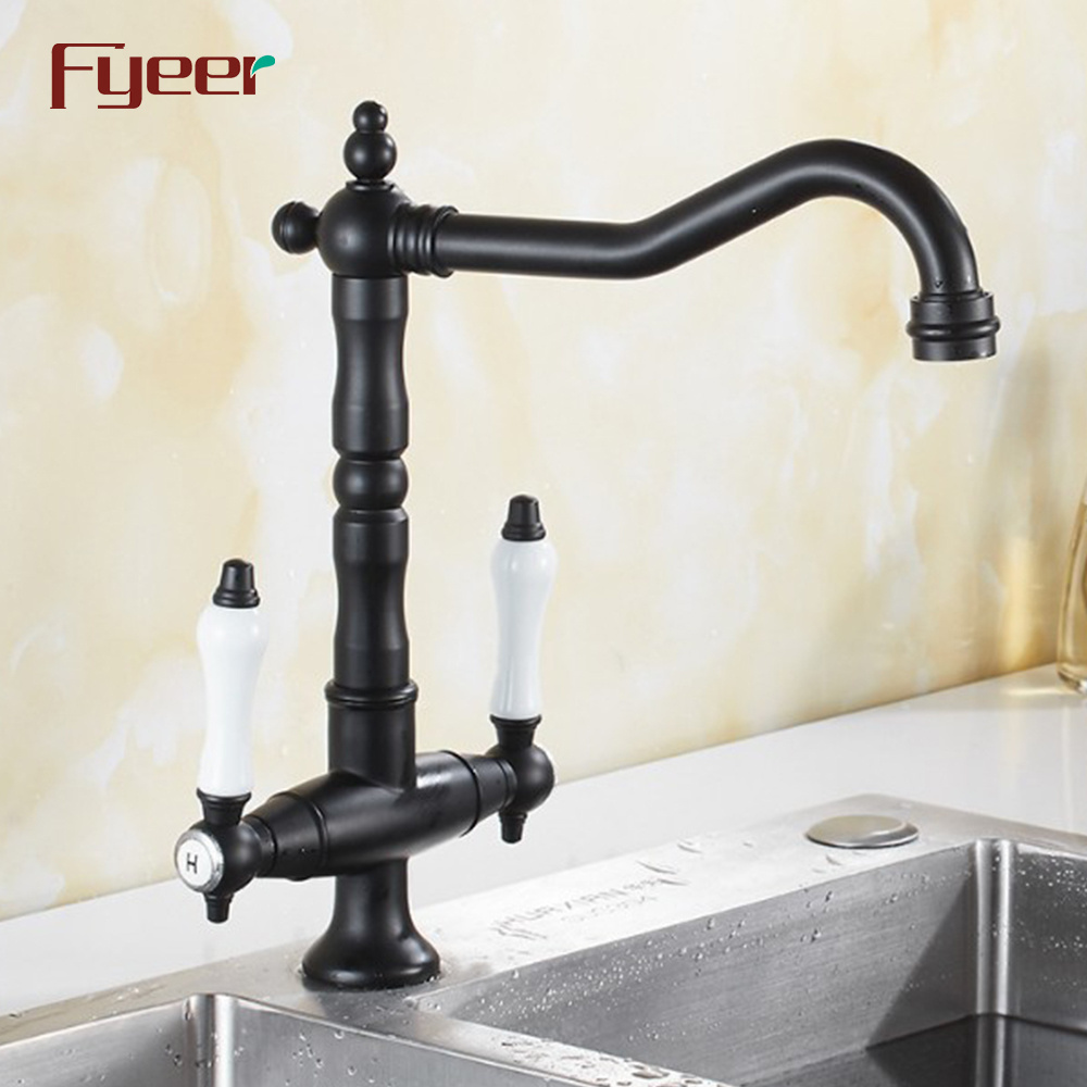 Fyeer Double Ceramic Handle Retro Style Kitchen Faucet In Black