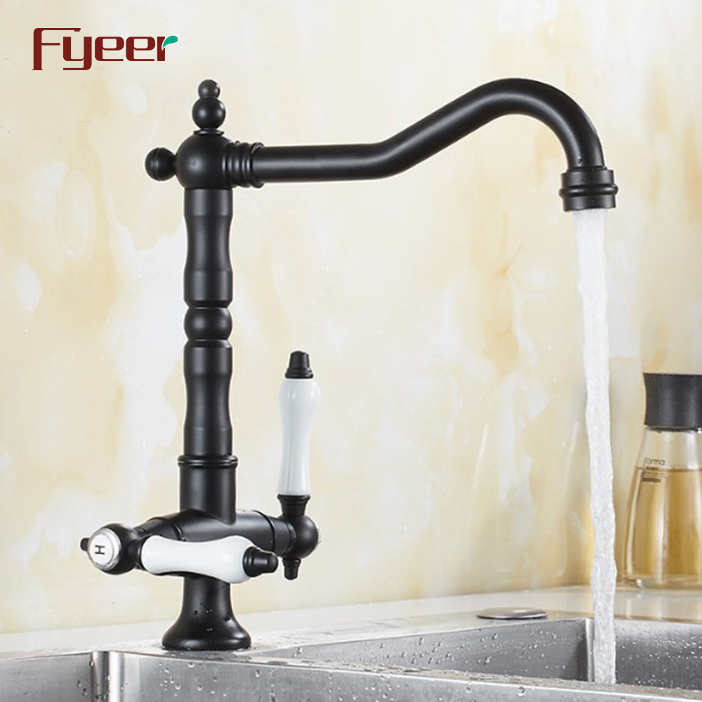 Fyeer Double Ceramic Handle Retro Style Kitchen Faucet In Black