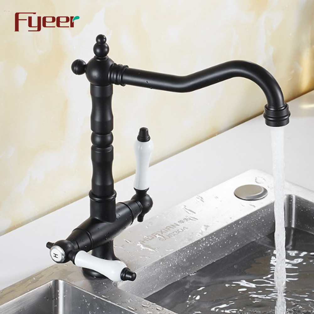 Fyeer Double Ceramic Handle Retro Style Kitchen Faucet In Black