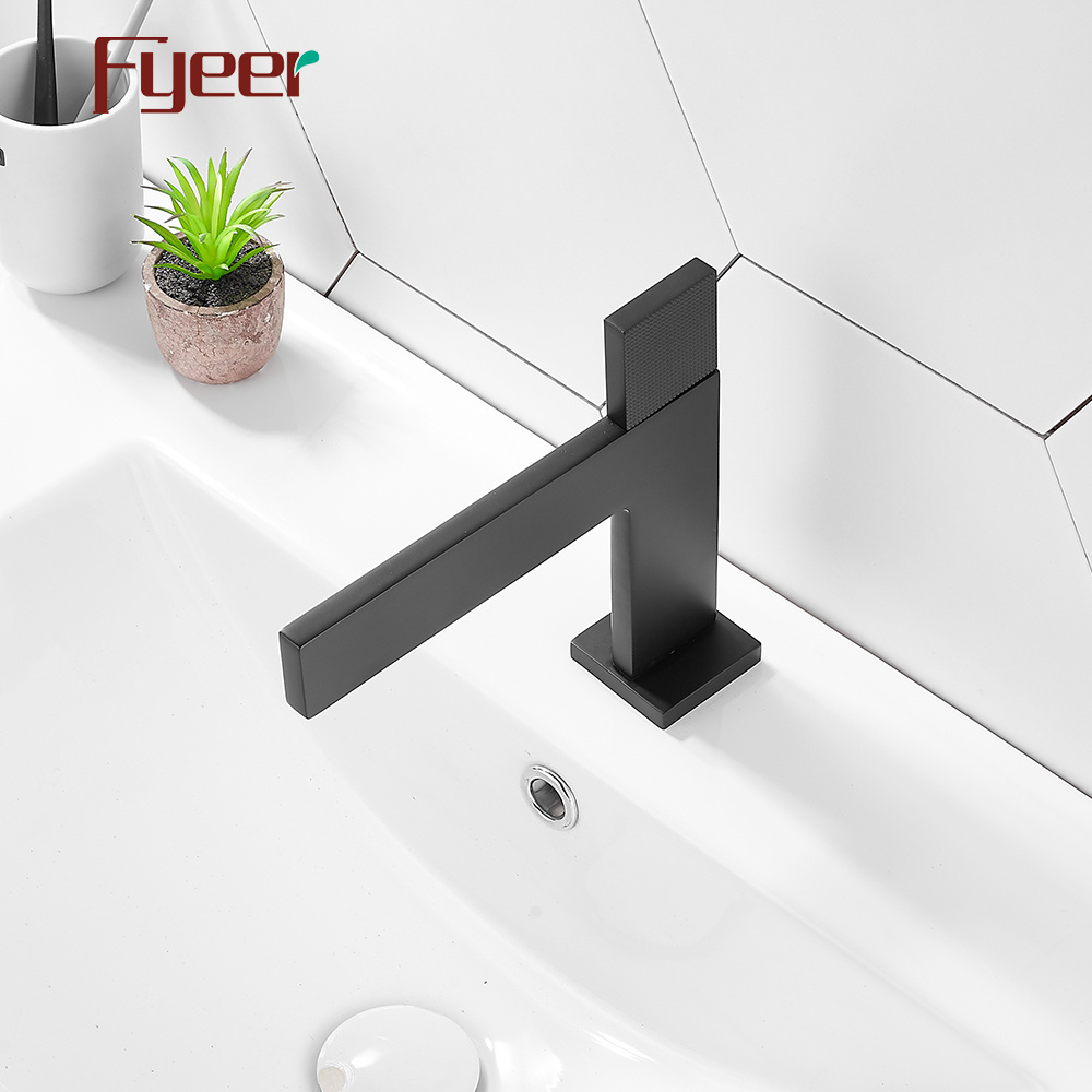 Fyeer New Solid Brass Matte Black Flat Square Body and Handle Bathroom Basin Faucet