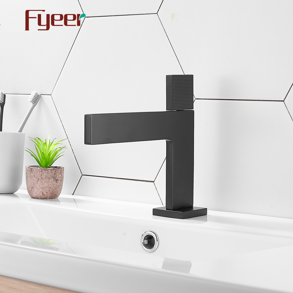 Fyeer New Solid Brass Matte Black Flat Square Body and Handle Bathroom Basin Faucet