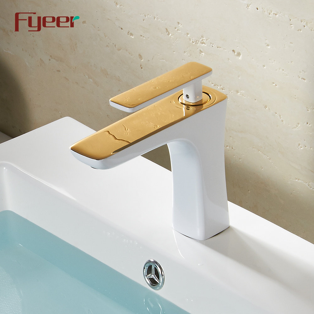 Fyeer White Painted Gold Spout Bathroom Basin Water Faucet