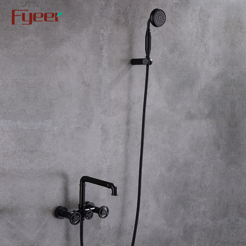 Fyeer Double Handle Black Wall Mounted Bathtub Faucet with Hand Shower