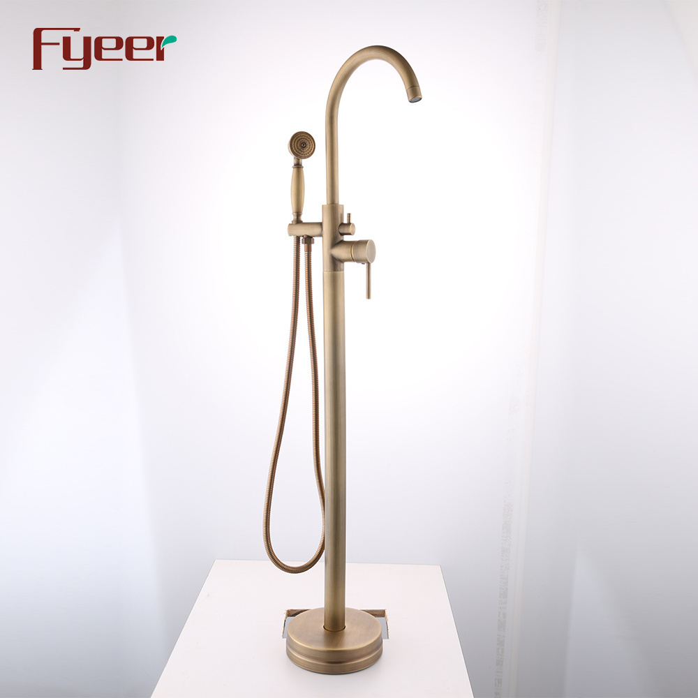 Fyeer Antique Brass Floor Mounted Bathtub Faucet with Hand Shower