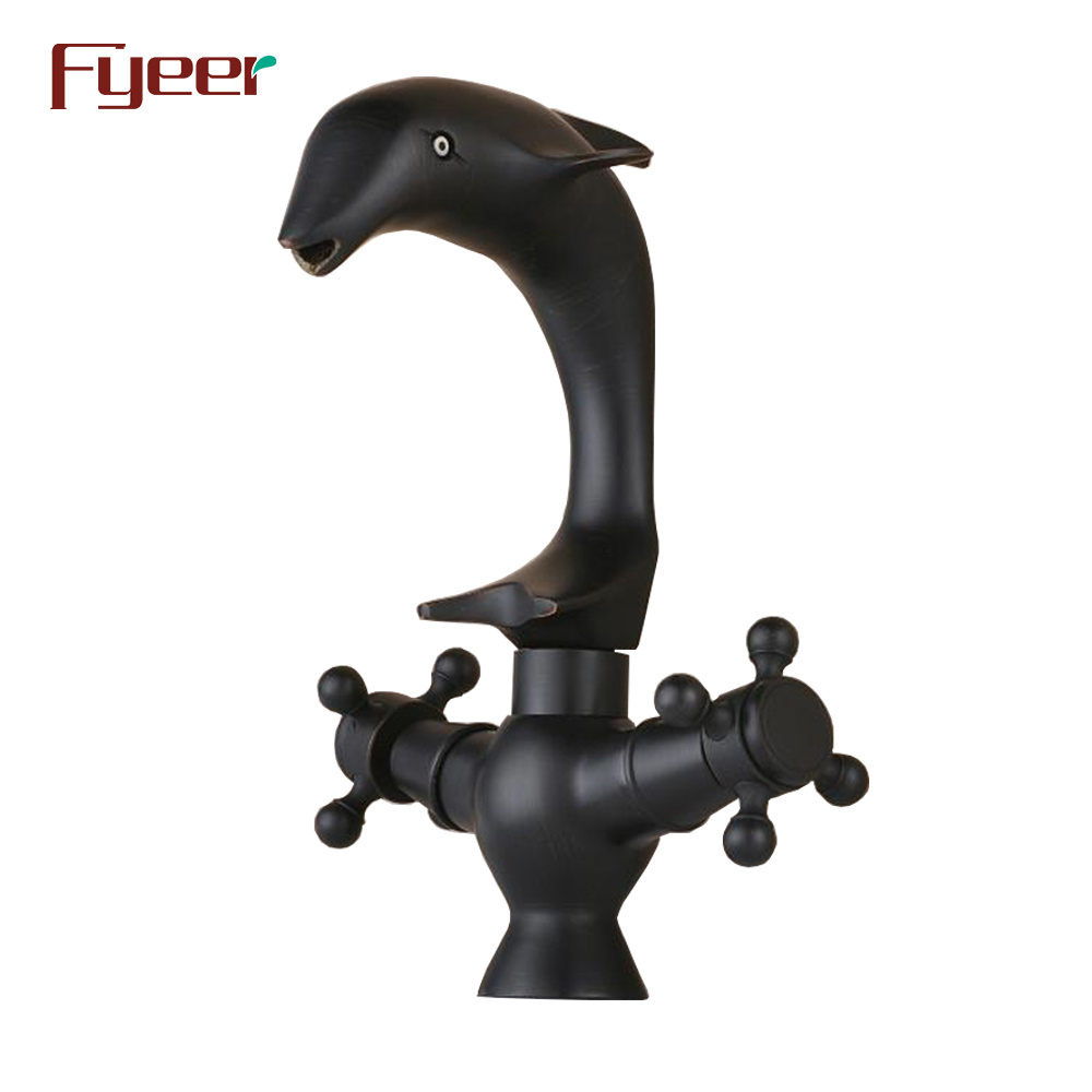 Fyeer Dual Cross Handle Dolphin Shape Bathroom Black Basin Dolphin Faucet