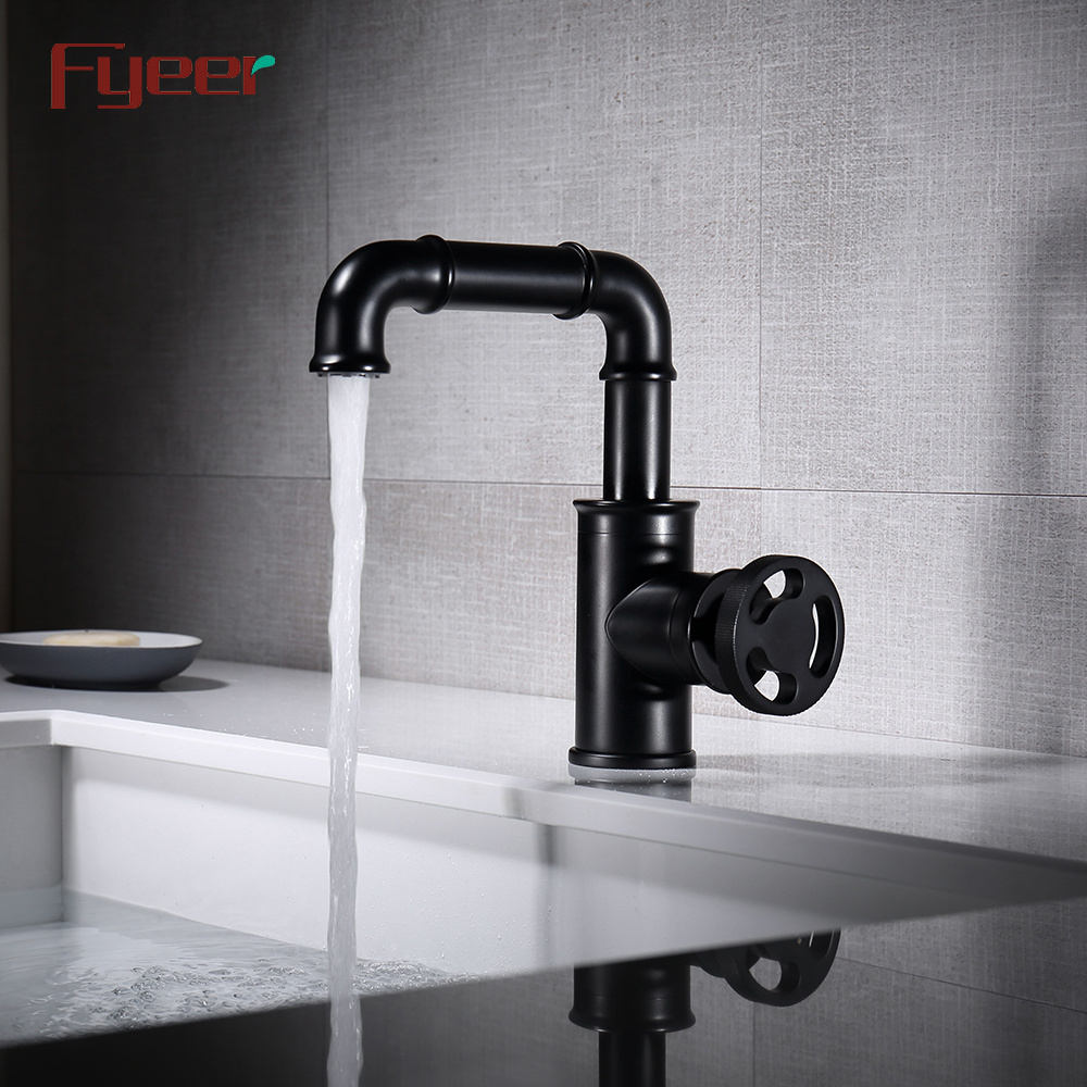 Fyeer Industrial Style Round Wheel Handle Solid Brass Basin Faucet in Black