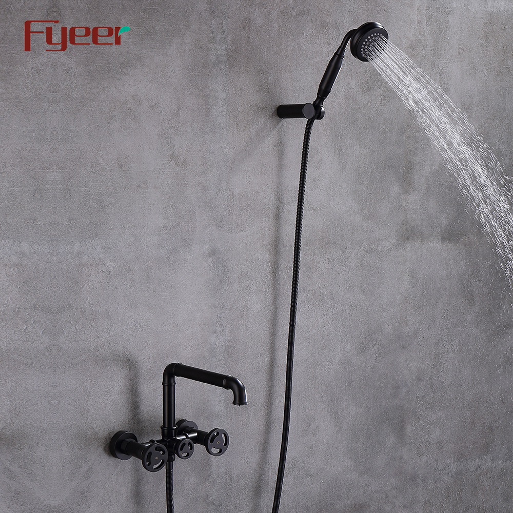 Fyeer Double Handle Black Wall Mounted Bathtub Faucet with Hand Shower