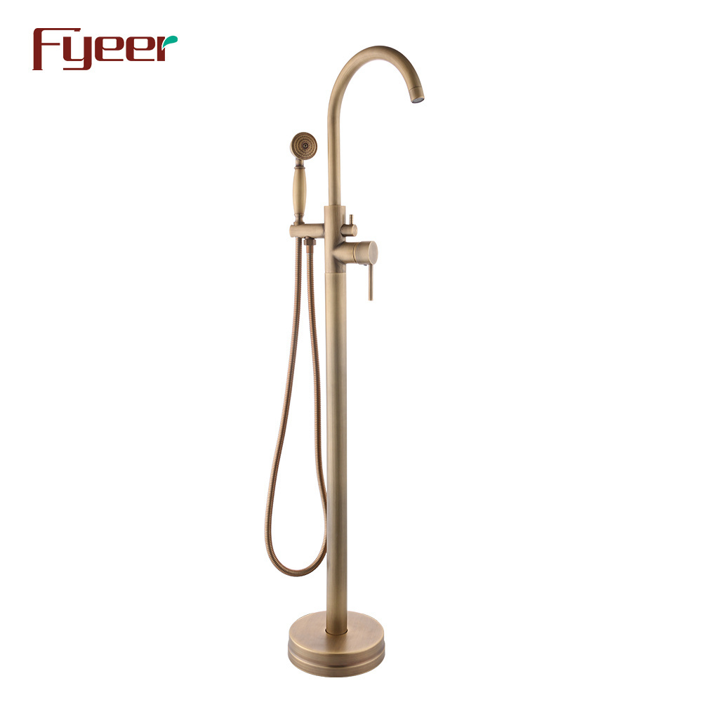 Fyeer Antique Brass Floor Mounted Bathtub Faucet with Hand Shower