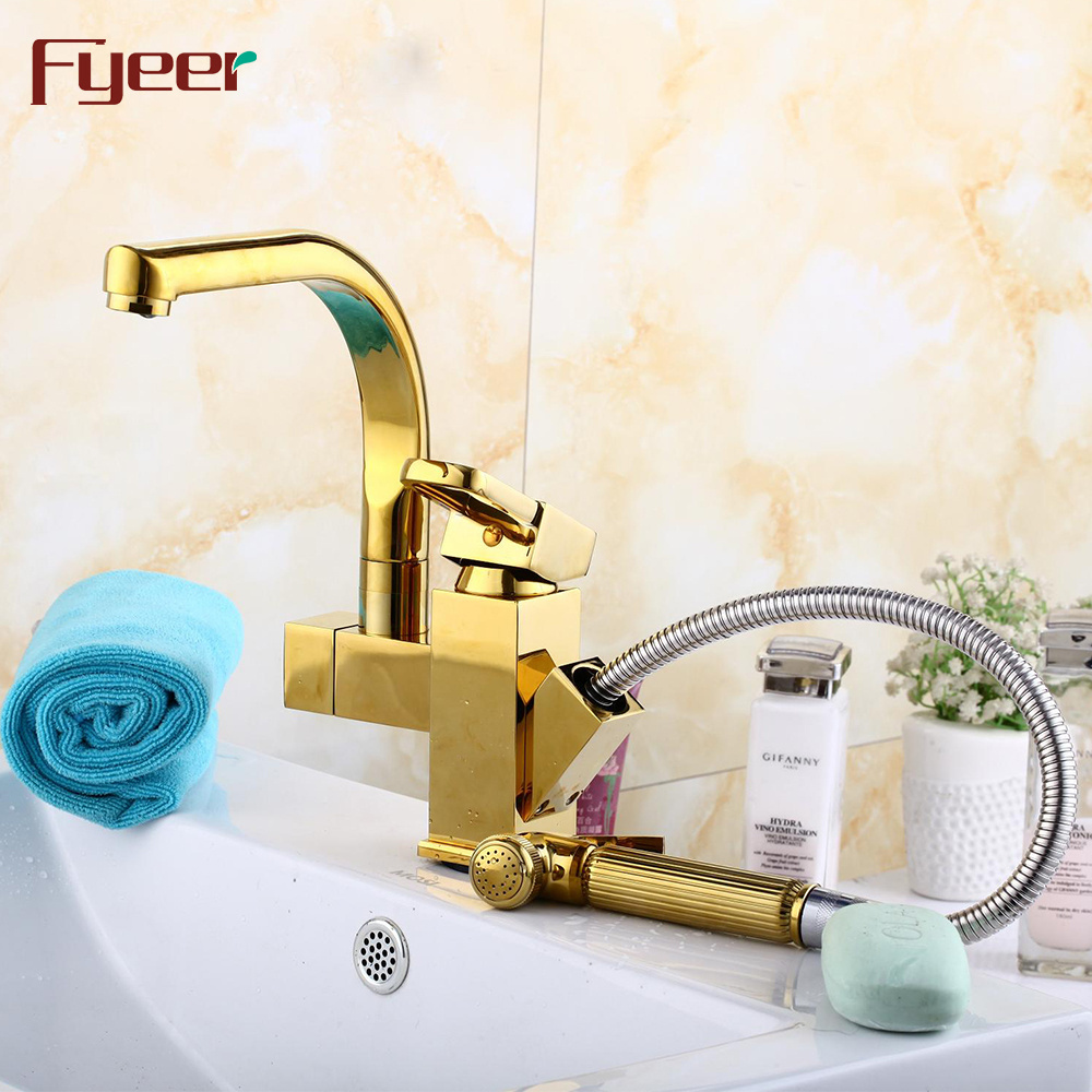 Fyeer New Golden Double Spray Pull Out Kitchen Faucet with Pre Rinse Spray