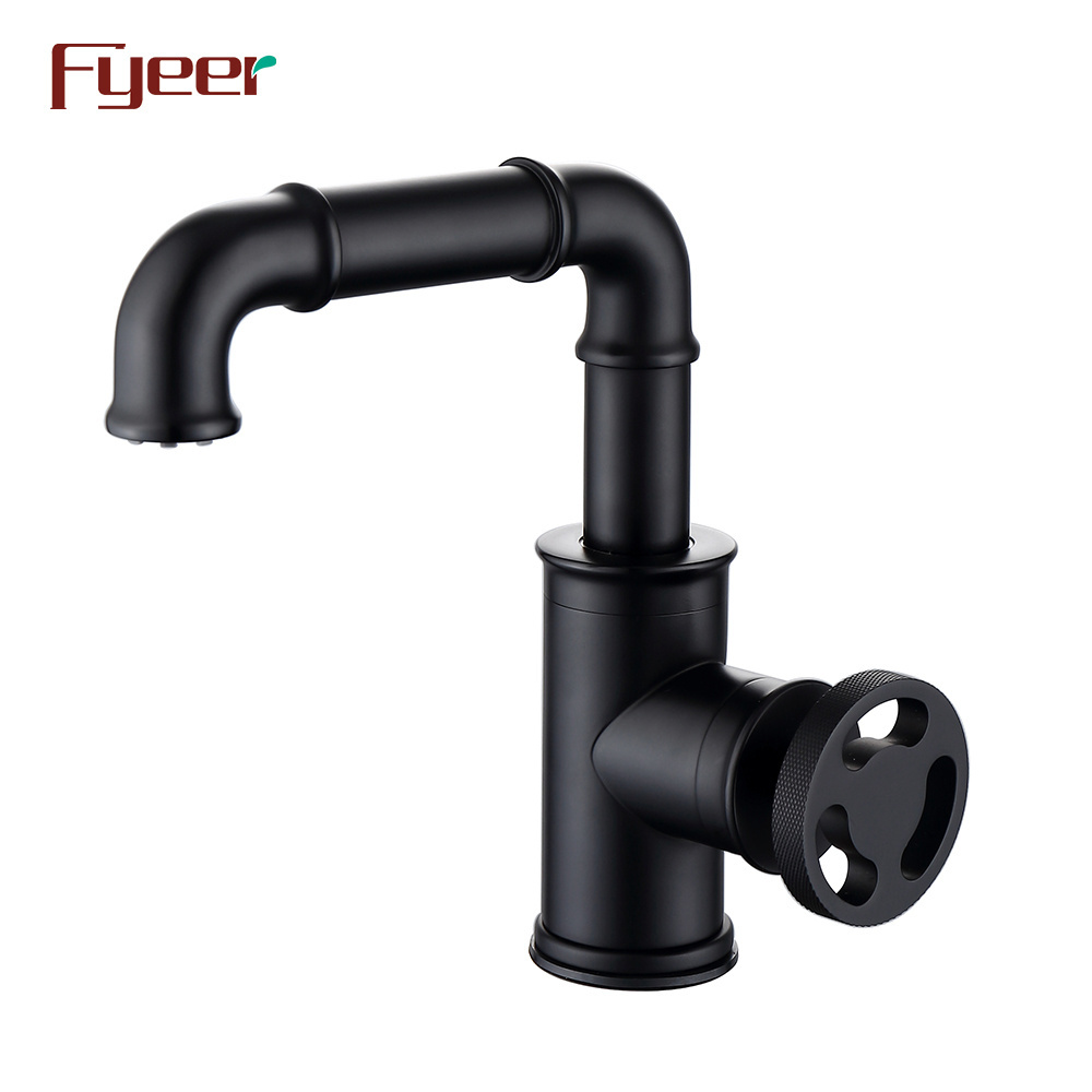 Fyeer Industrial Style Round Wheel Handle Solid Brass Basin Faucet in Black