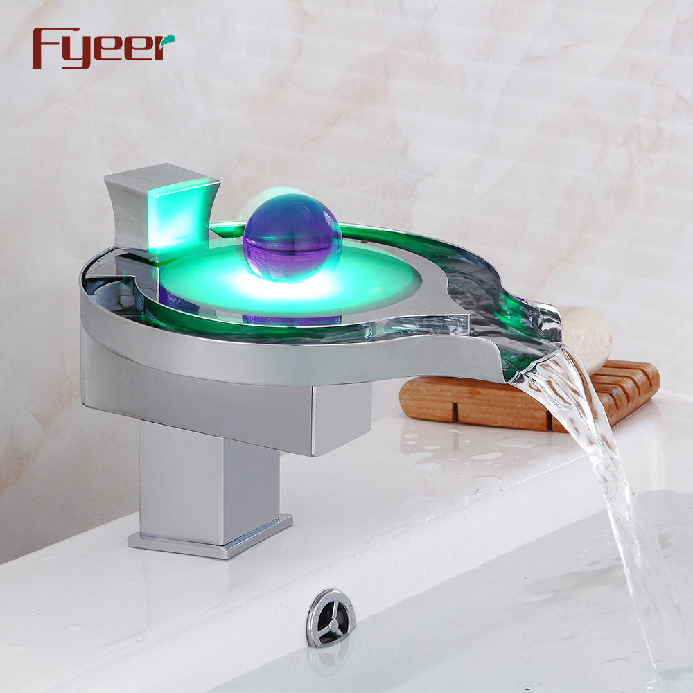 Fyeer Hot Sale Modern 3 Color Led Faucet Hydro Power Waterfall Solid Brass Basin Faucet