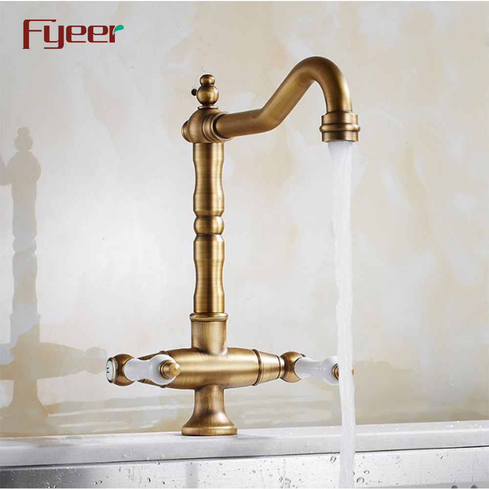 Fyeer Vintage Style Antique Brass Kitchen Sink Faucet with Double Ceramic Handle