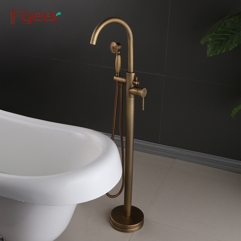 Fyeer Antique Brass Floor Mounted Bathtub Faucet with Hand Shower