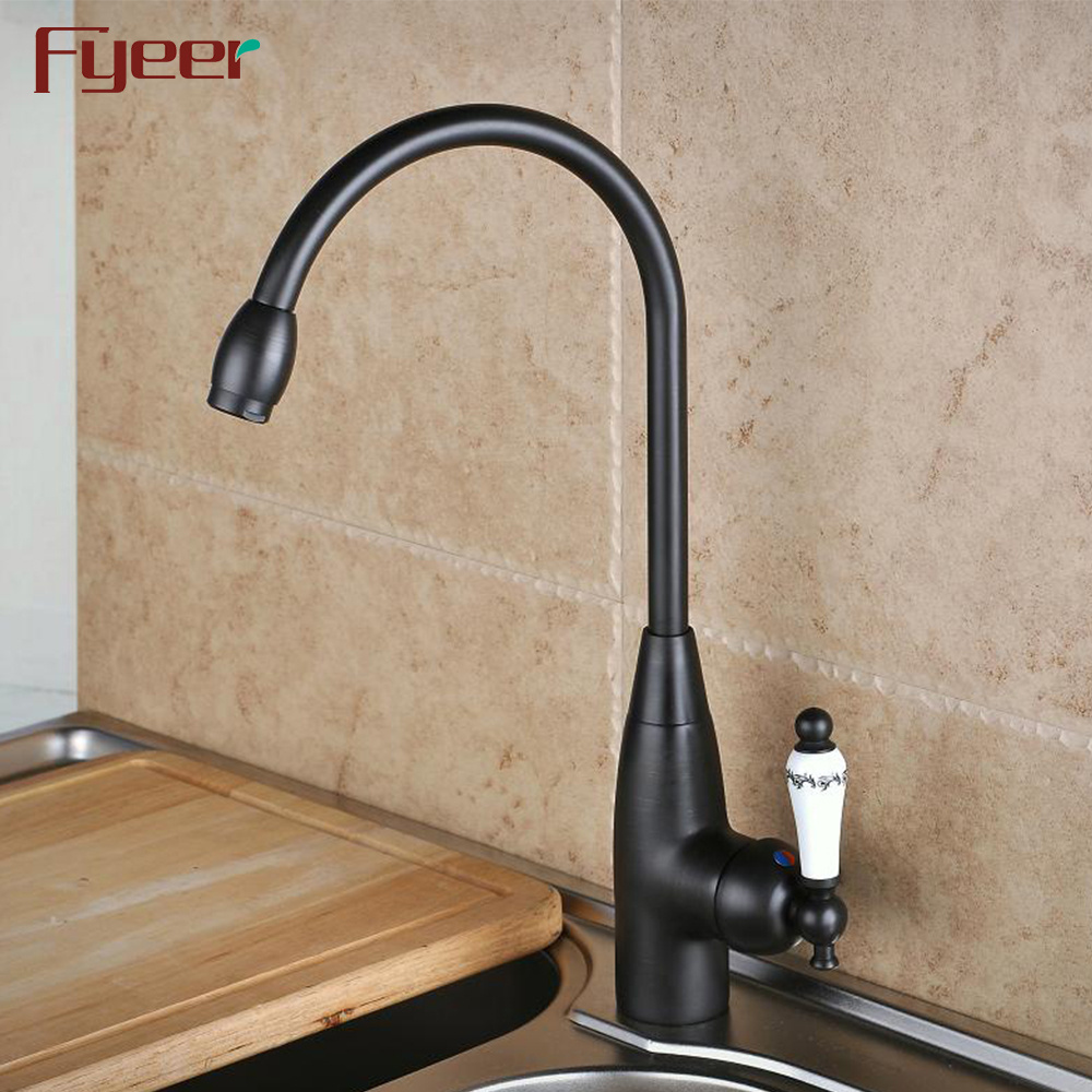 Fyeer ORB Matte Black Goose Neck Kitchen Sink Faucet with Ceramic Handle