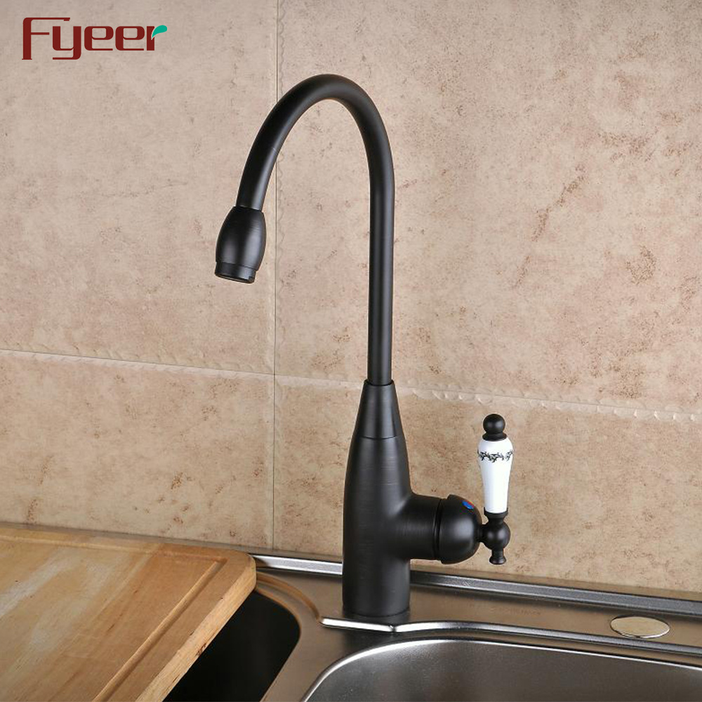 Fyeer ORB Matte Black Goose Neck Kitchen Sink Faucet with Ceramic Handle