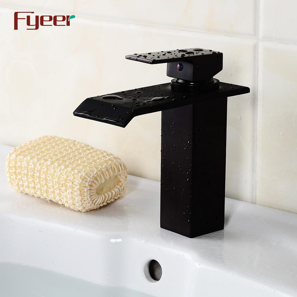 Fyeer Hot Sale Black Water Tap Waterfall Deck Mounted Brass Basin Faucet