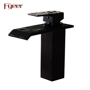 Fyeer Hot Sale Black Water Tap Waterfall Deck Mounted Brass Basin Faucet