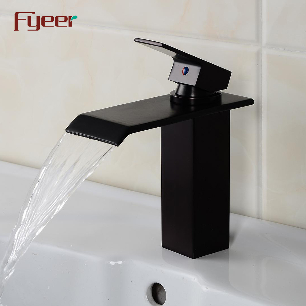 Fyeer Hot Sale Black Water Tap Waterfall Deck Mounted Brass Basin Faucet