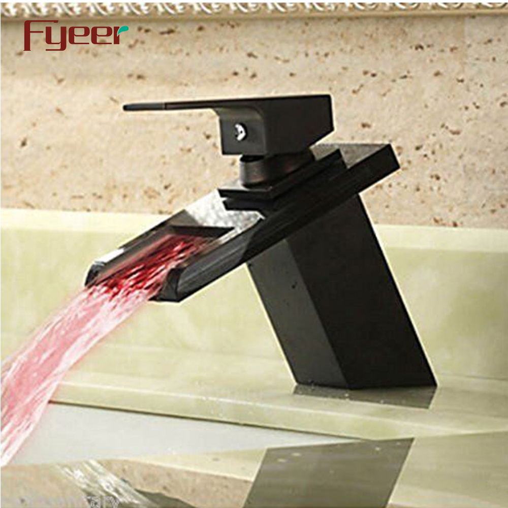 Fyeer New DC Power Black Glass Waterfall Bathroom Led Basin Faucet