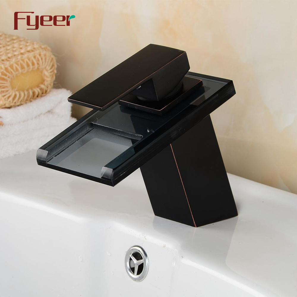 Fyeer New DC Power Black Glass Waterfall Bathroom Led Basin Faucet