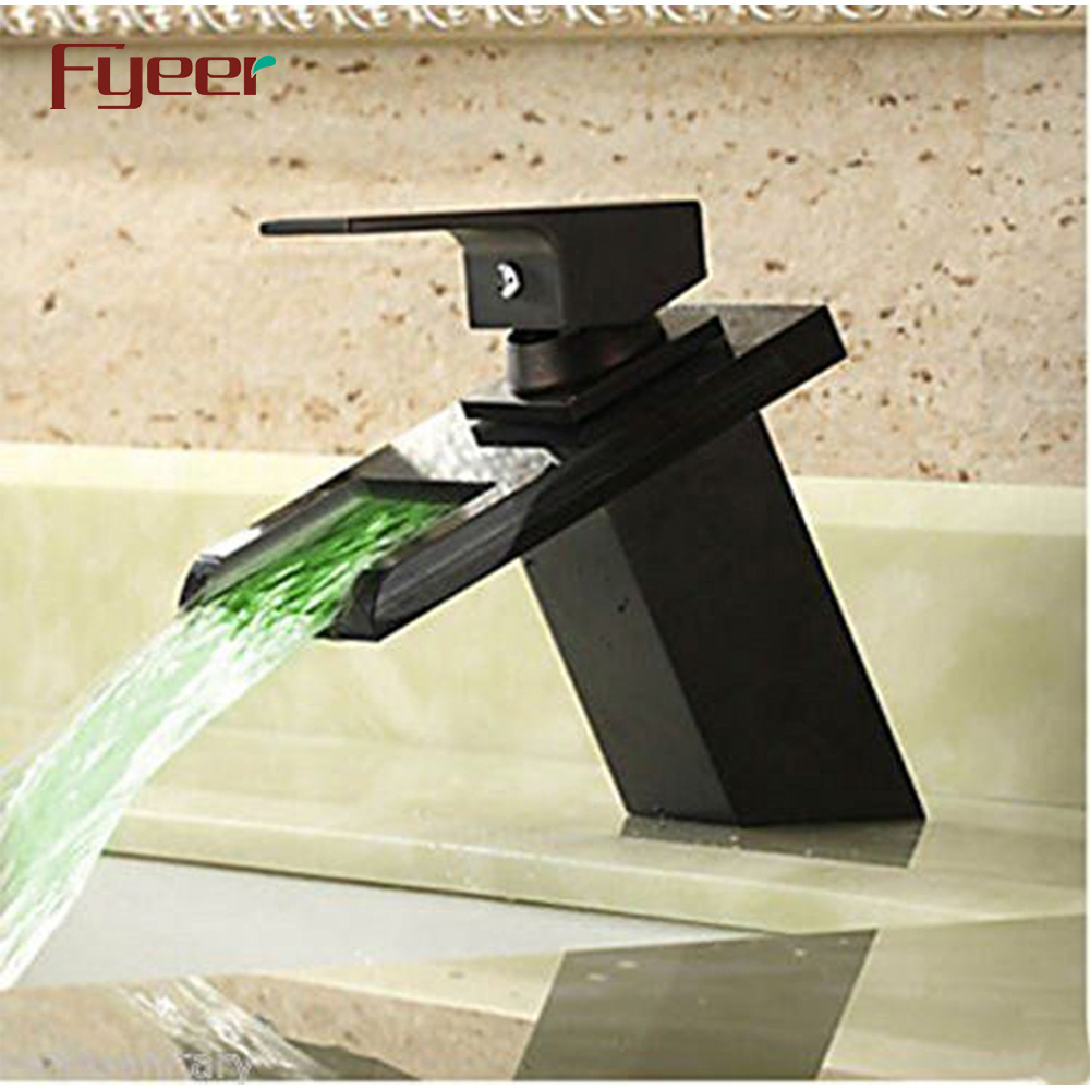 Fyeer New DC Power Black Glass Waterfall Bathroom Led Basin Faucet