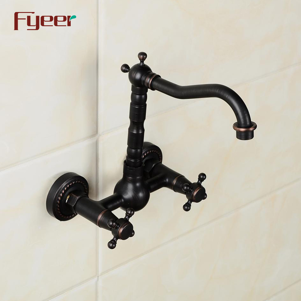 Fyeer Classic Wall Mounted Double Handle Black Brass Kitchen Faucet