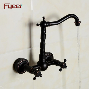 Fyeer Classic Wall Mounted Double Handle Black Brass Kitchen Faucet