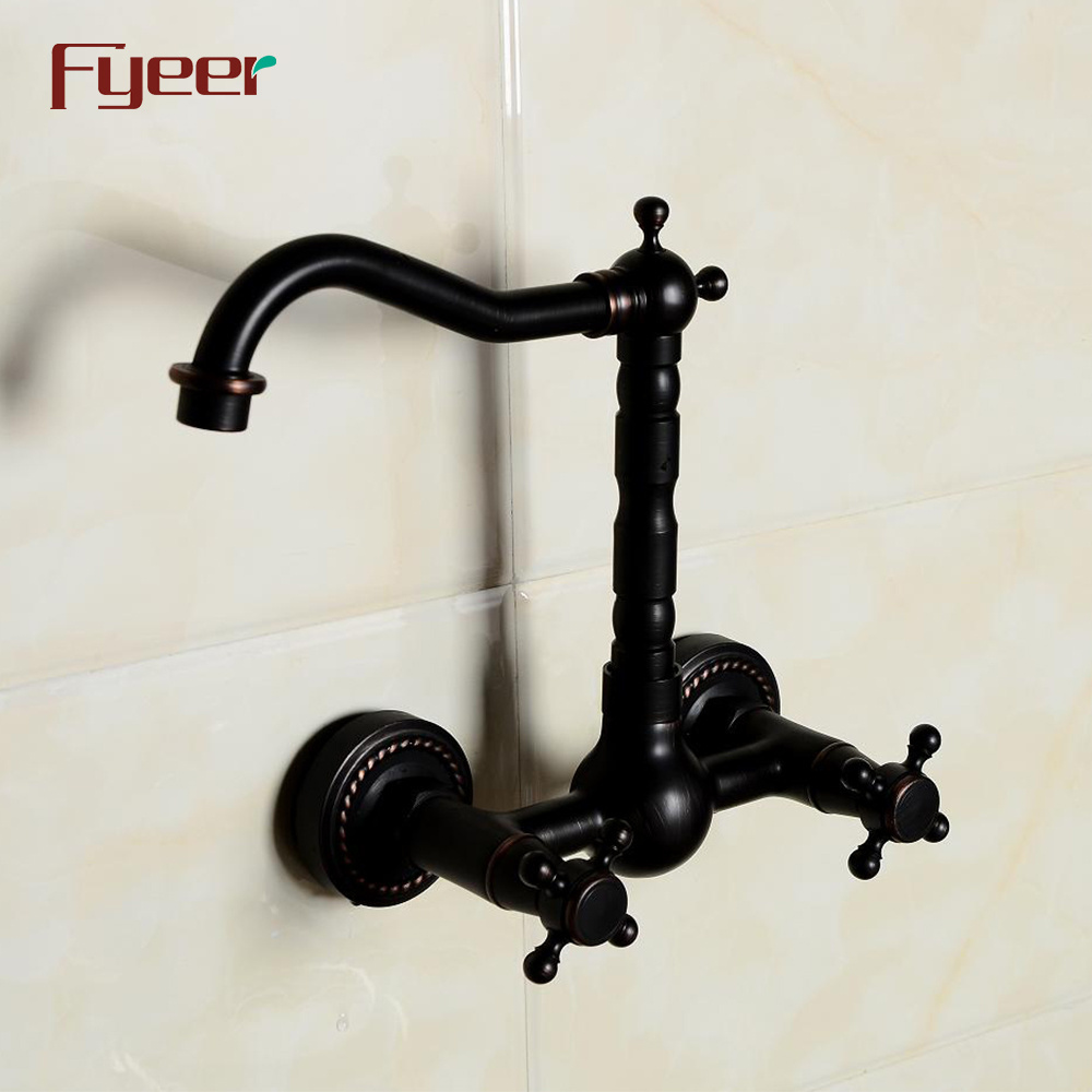 Fyeer Classic Wall Mounted Double Handle Black Brass Kitchen Faucet