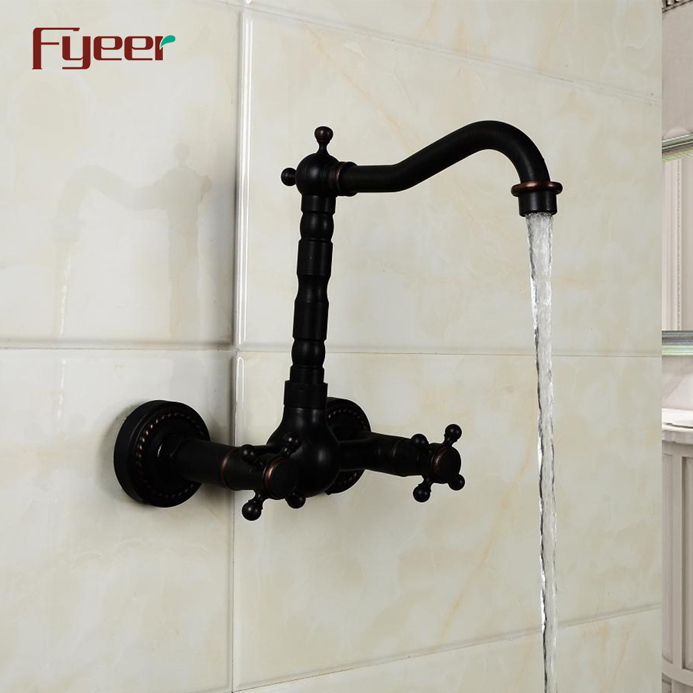 Fyeer Classic Wall Mounted Double Handle Black Brass Kitchen Faucet