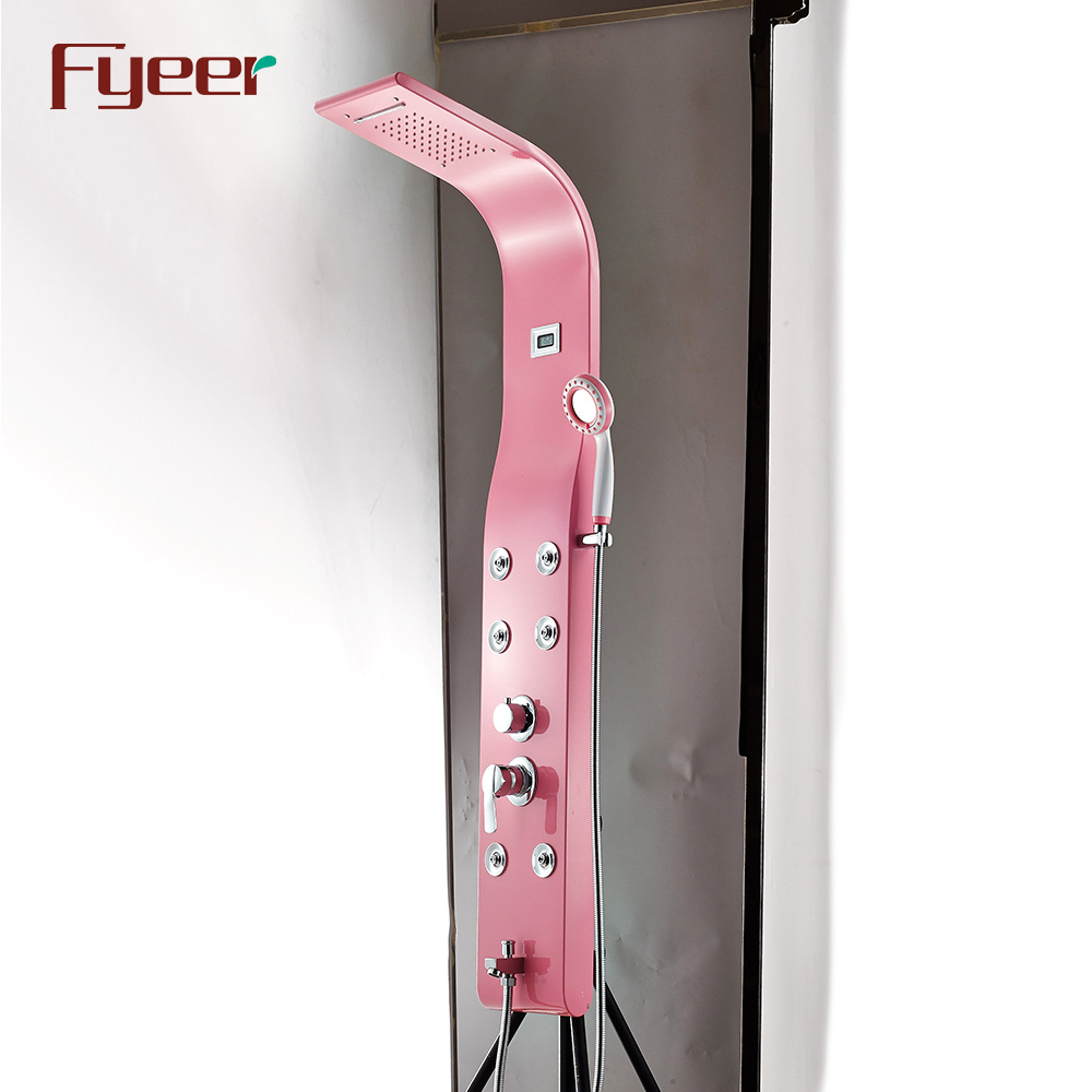 Fyeer Pink Rainfall Stainless Steel Shower Panel with Temperature Display