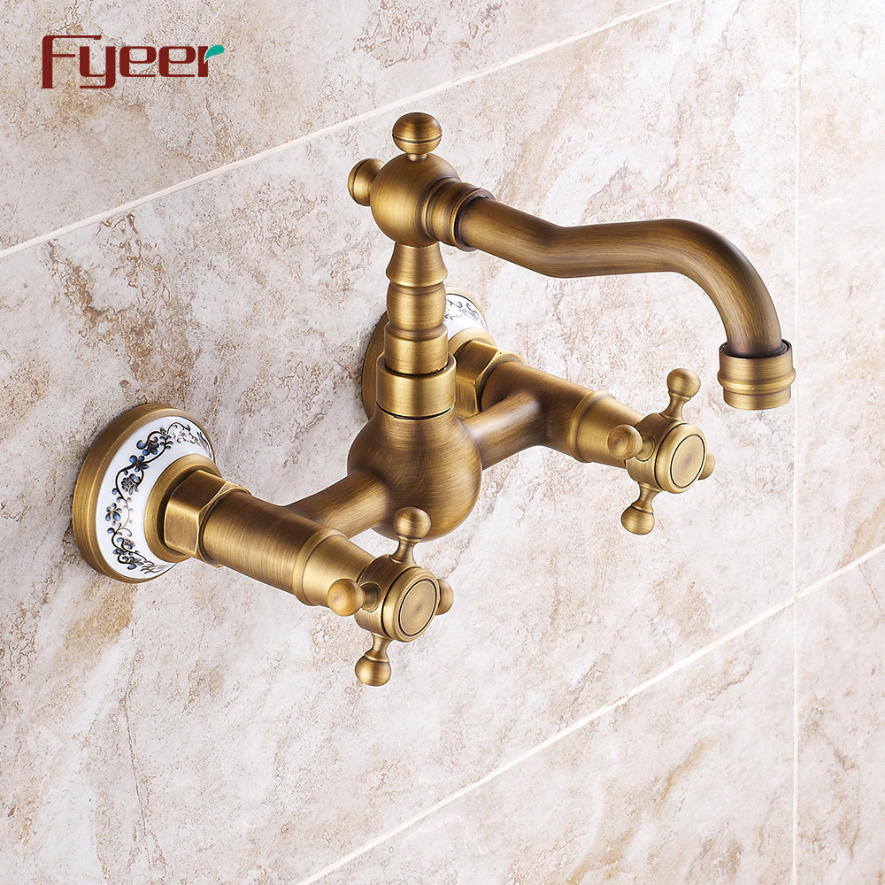 Fyeer Wall Mounted Antique Kitchen Faucet with Double Cross Handle