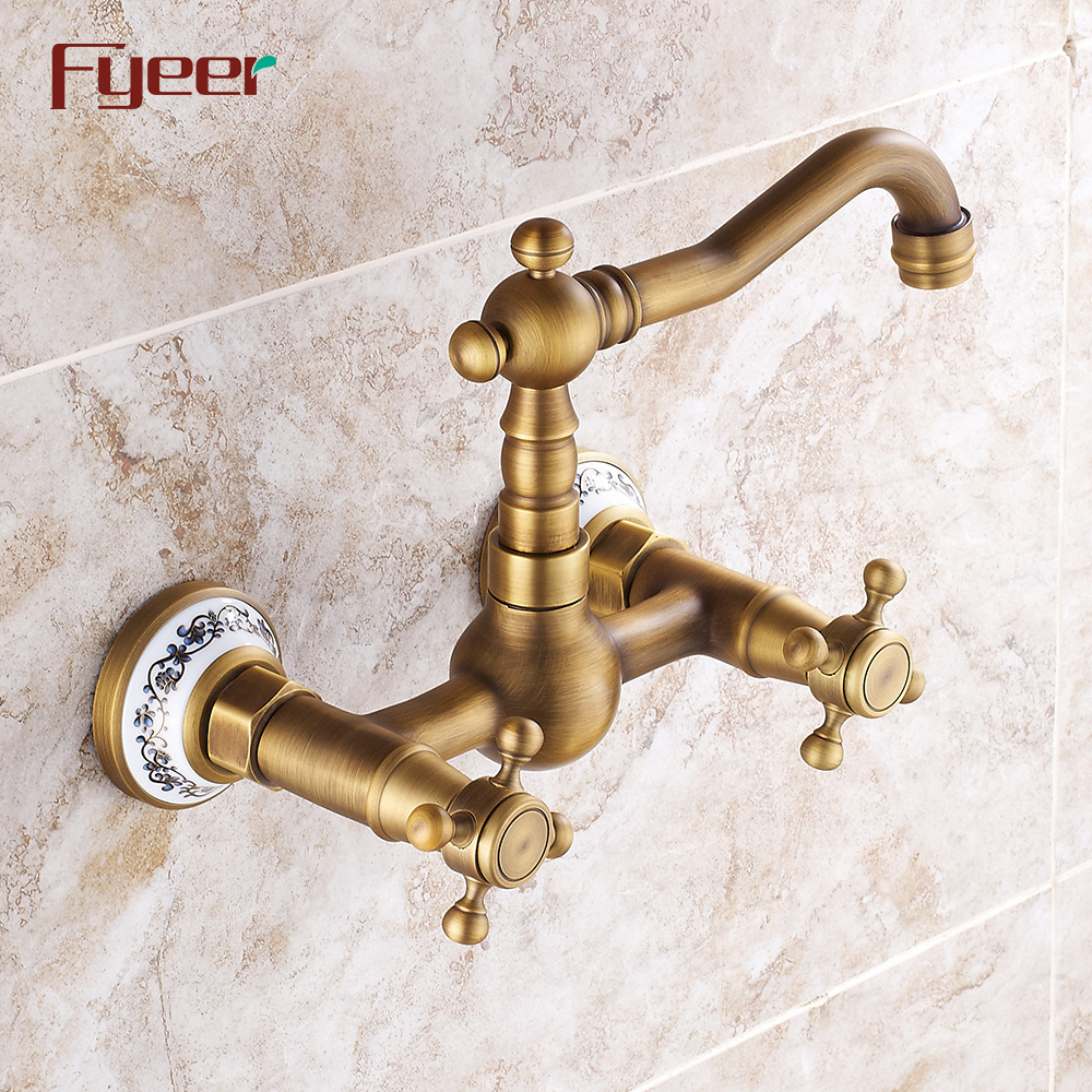 Fyeer Wall Mounted Antique Kitchen Faucet with Double Cross Handle