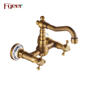 Fyeer Wall Mounted Antique Kitchen Faucet with Double Cross Handle