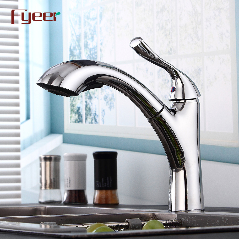 Fyeer Brass Body Pull Out Kitchen Sink Faucets with Big Sprayer