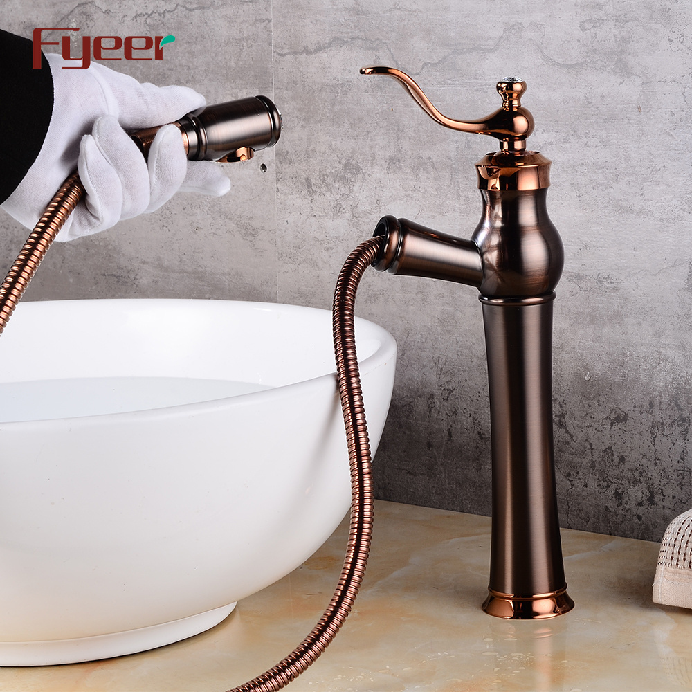 Fyeer 2018 New Antique Copper Bathroom Vessel Faucet with Pull Out Spray