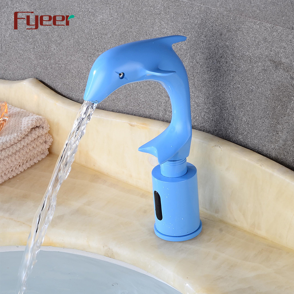 Fyeer Solid Brass Animal Faucet Painted Blue Dolphin Shape Automatic Sensor Tap