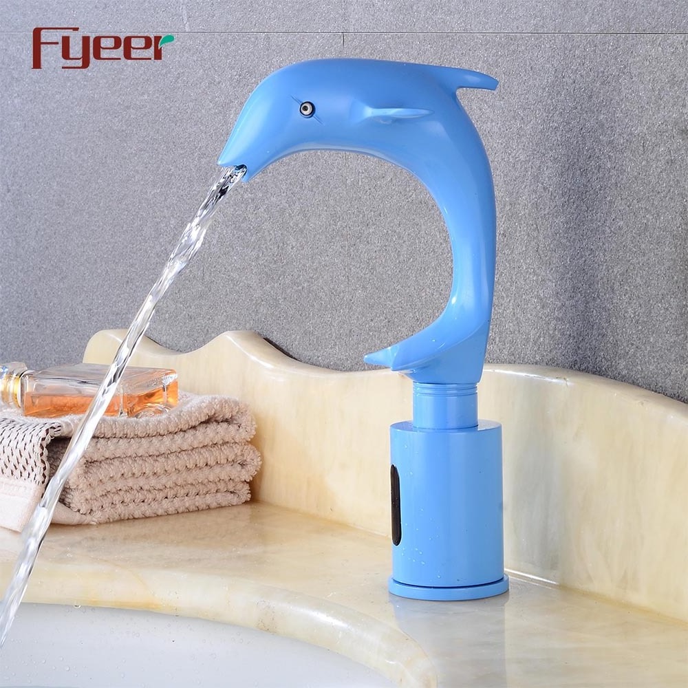 Fyeer Solid Brass Animal Faucet Painted Blue Dolphin Shape Automatic Sensor Tap