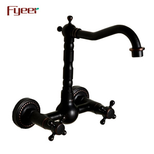 Fyeer Wall Mounted Double Cross Handle Black Kitchen Faucet