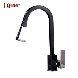 Fyeer 2019 New Square Body Black Kitchen Sink Faucet with Chrome Pull Out Spray