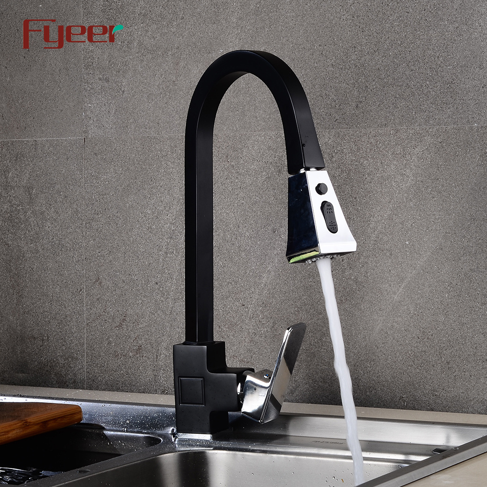 Fyeer 2019 New Square Body Black Kitchen Sink Faucet with Chrome Pull Out Spray