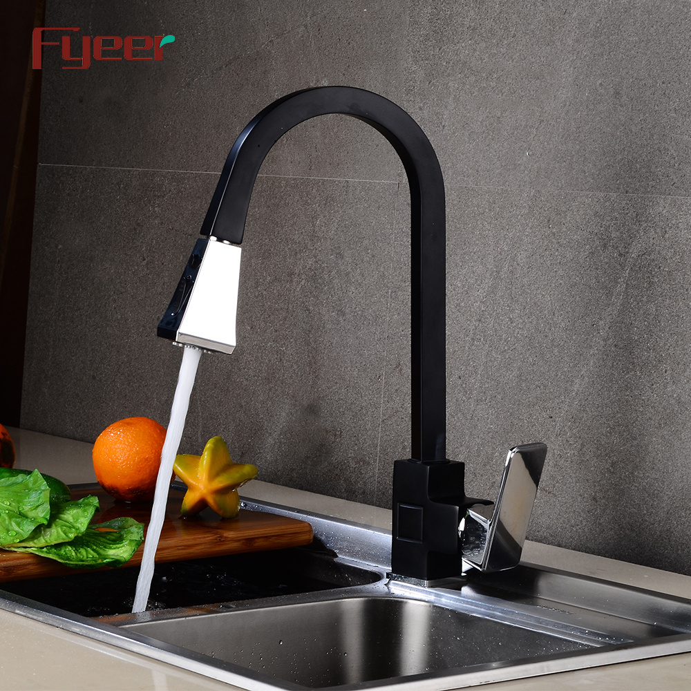 Fyeer 2019 New Square Body Black Kitchen Sink Faucet with Chrome Pull Out Spray