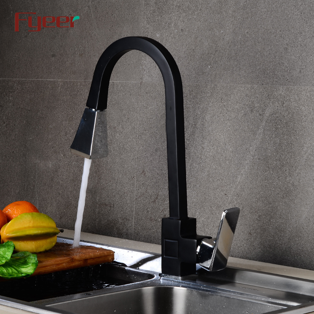 Fyeer 2019 New Square Body Black Kitchen Sink Faucet with Chrome Pull Out Spray