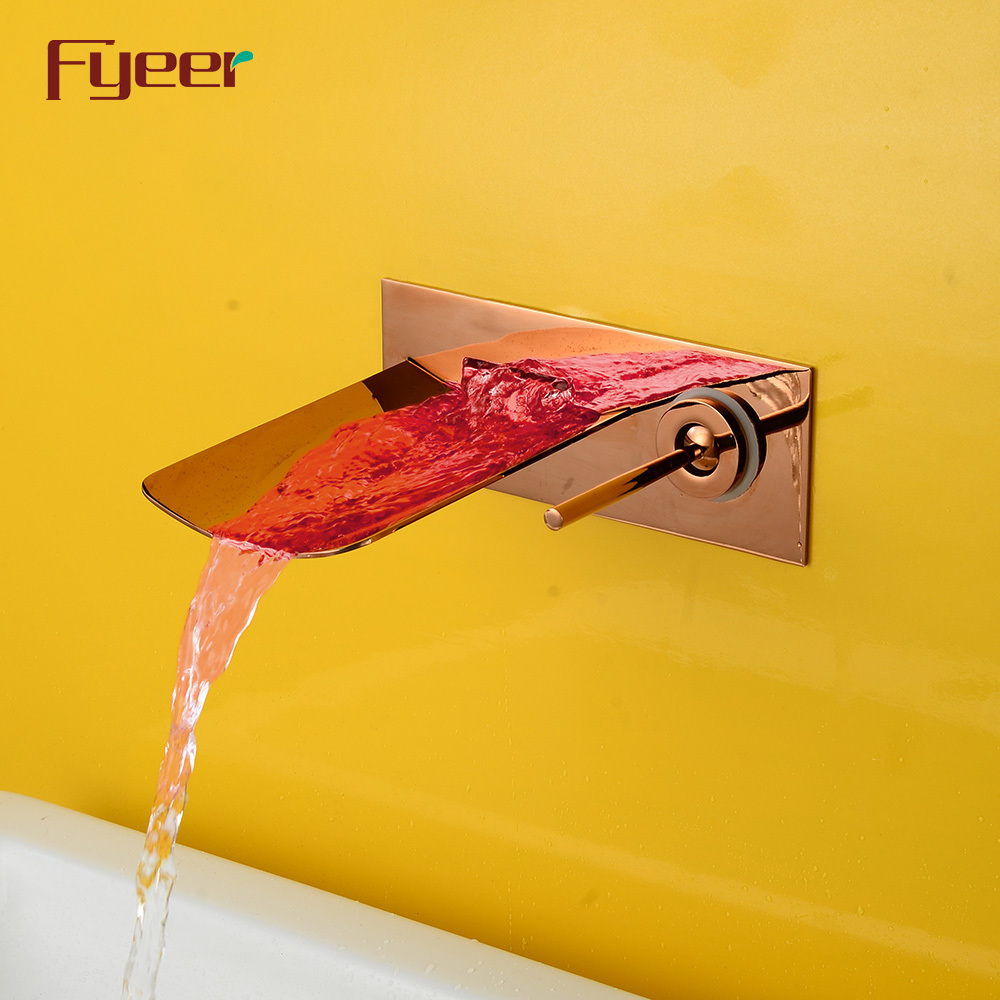 Fyeer Rose Gold Wall Mounted LED Waterfall Basin Faucet