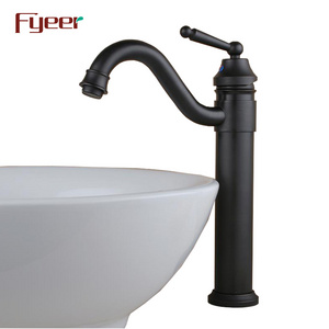 Fyeer Single Lever Handle Long Spout Bathroom Black Vessel Faucet