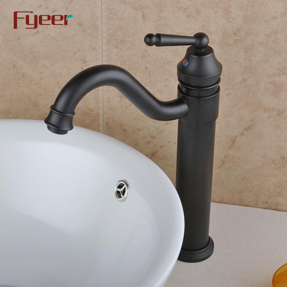 Fyeer Single Lever Handle Long Spout Bathroom Black Vessel Faucet