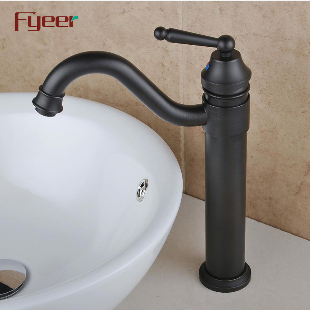 Fyeer Single Lever Handle Long Spout Bathroom Black Vessel Faucet