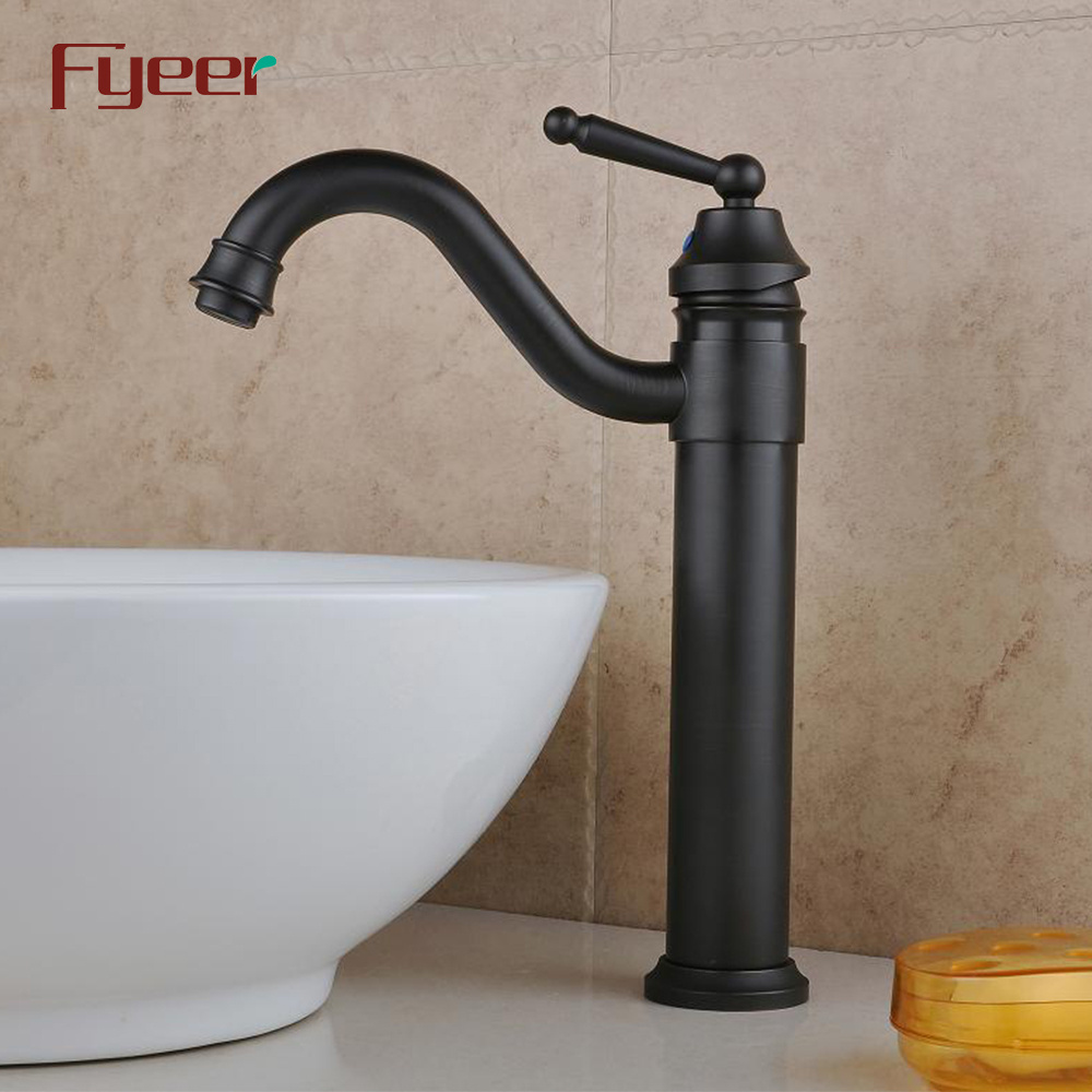 Fyeer Single Lever Handle Long Spout Bathroom Black Vessel Faucet