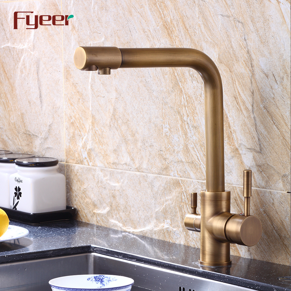 Fyeer Antique Brass 3 Way Kitchen Sink Faucet